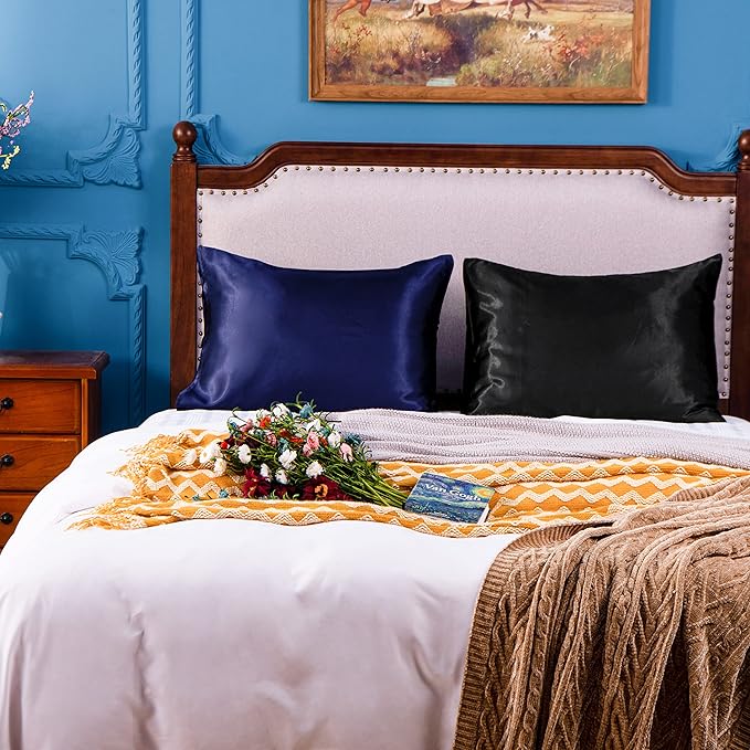 NTBAY 2 Pack Satin Queen Pillowcases for Hair and Skin, Luxurious and Silky Pillow Cases with Envelope Closure, 20x30 Inches, Navy Blue