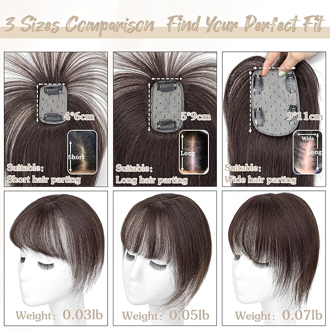 Human Hair Toppers for Women - 150% Density Clip In Hair Topper with Bangs U Shape 10 Inch Toppers Hairpieces for Women Perfect for Thinning Hairr Ideal for Daily Use Dark Brown