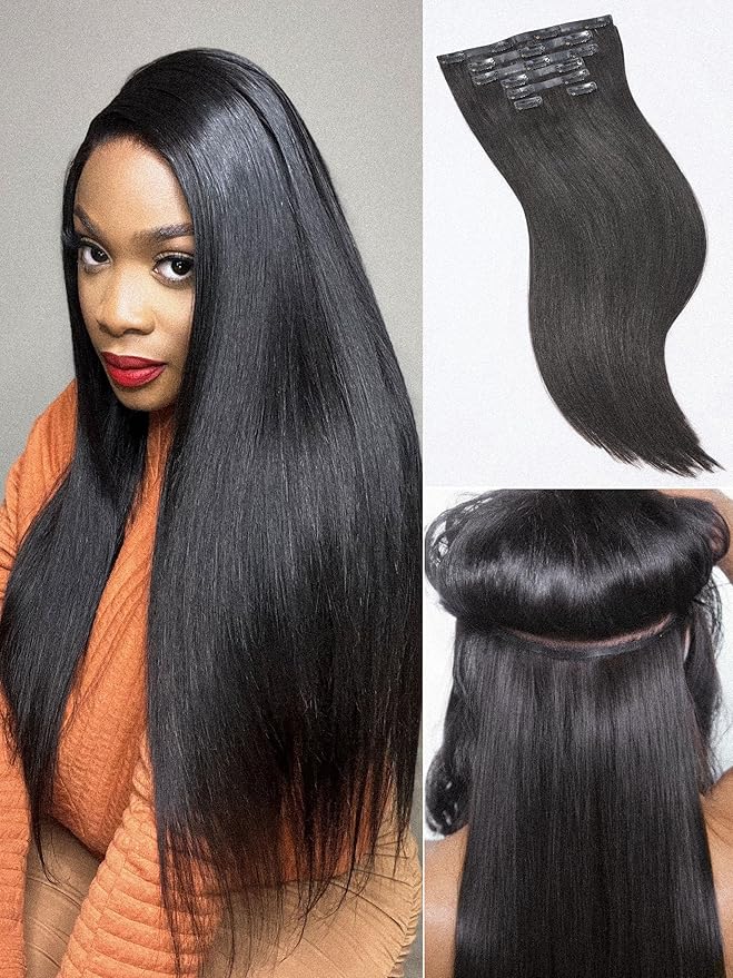 LUVME Yaki Straight Seamless 2 Pack 220g 14Pcs Clip in Hair Extensions Full Max with 16inch Natural Black 100% Real Soft Human Remy Human Hair Extensions