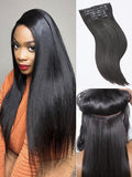 LUVME Yaki Straight Seamless 2 Pack 220g 14Pcs Clip in Hair Extensions Full Max with 14inch Remy Human Hair Extensions, Natural Black 100% Real Soft Hair